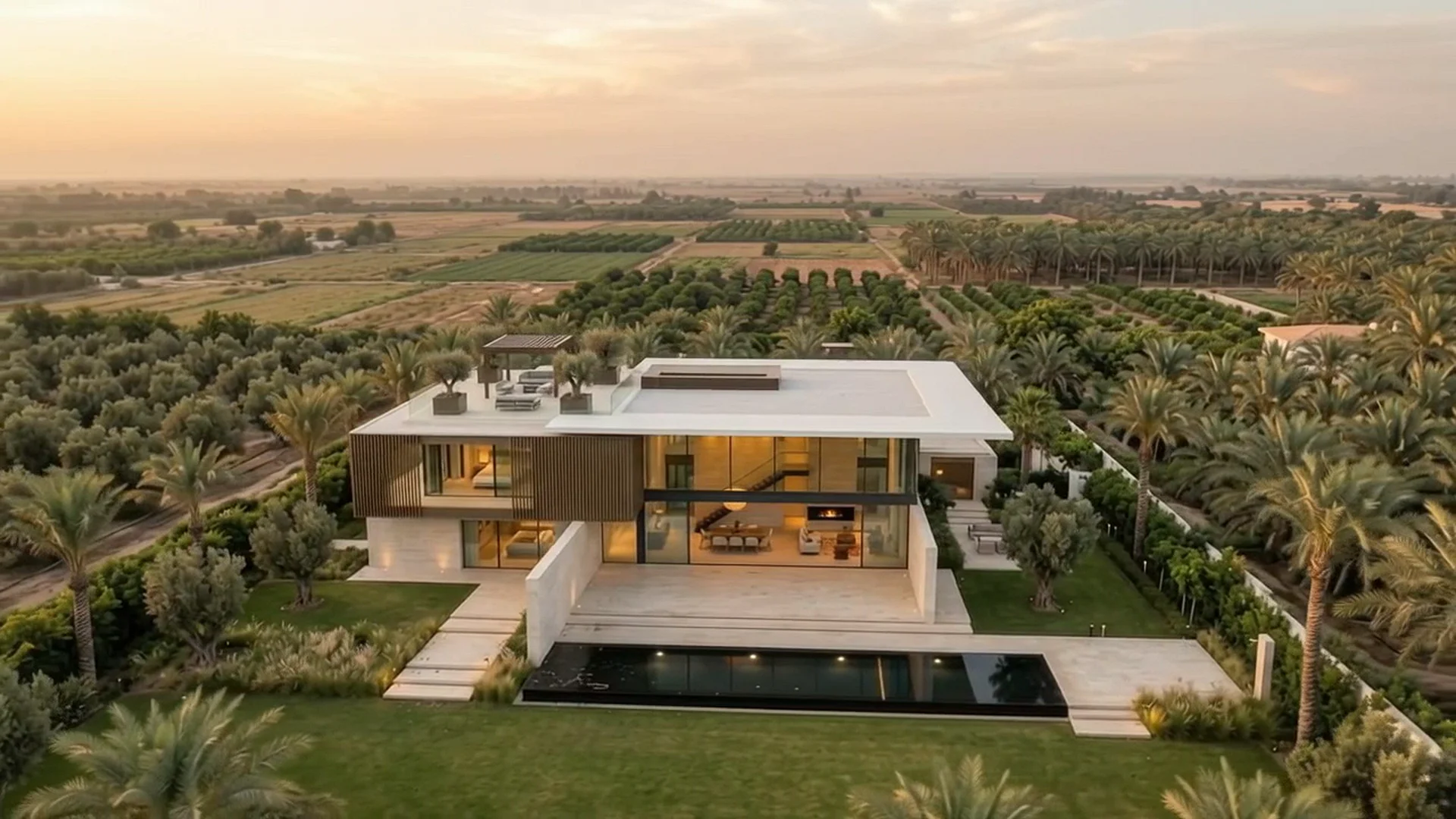 An aerial view of a Brixo villa among date palms.