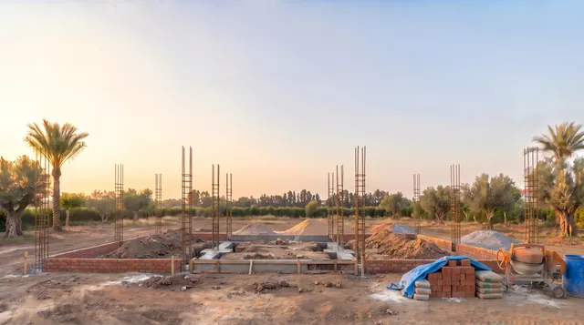 Foundation trenches with rebar cages.