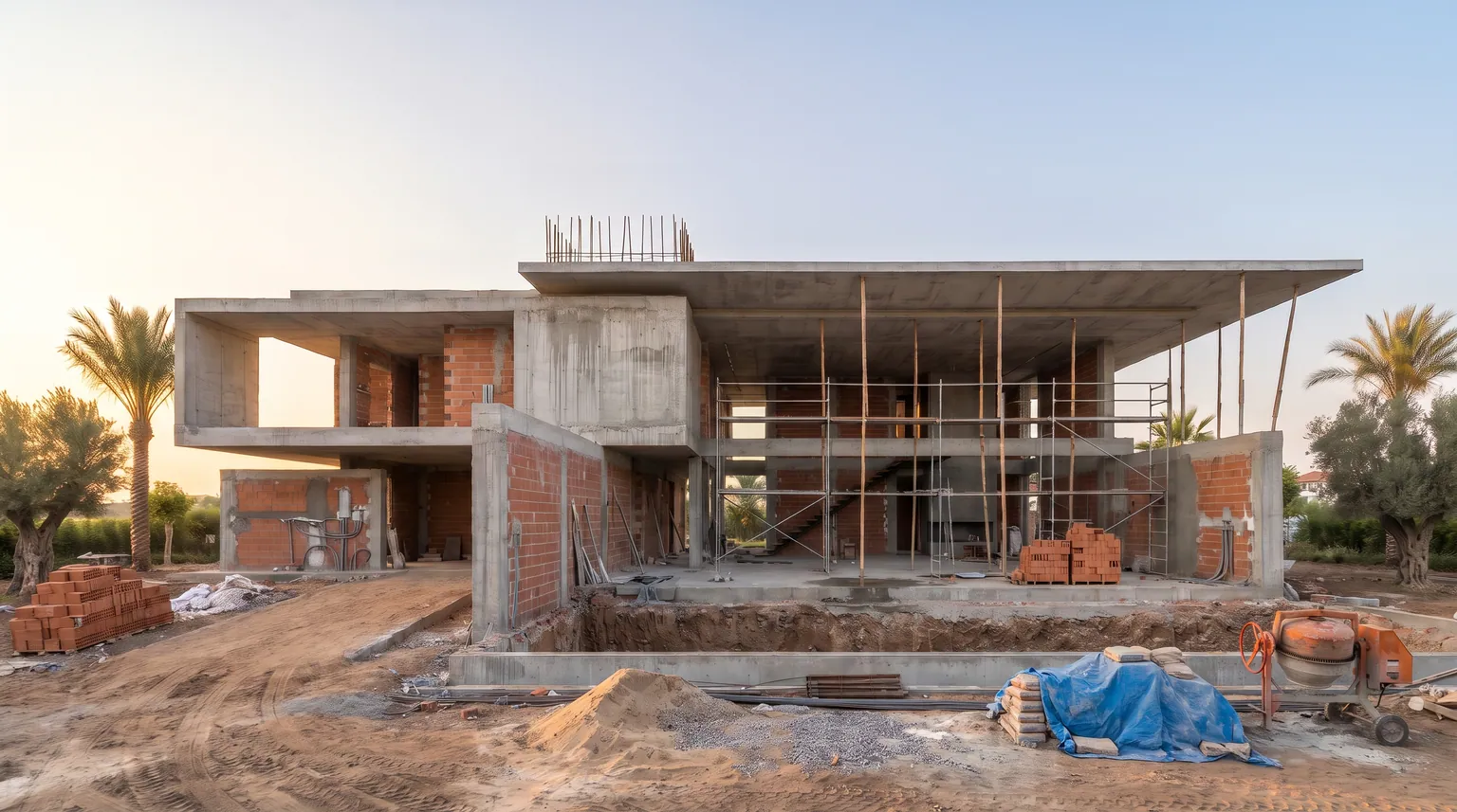 A Brixo villa at grey-structure stage, brick and concrete.