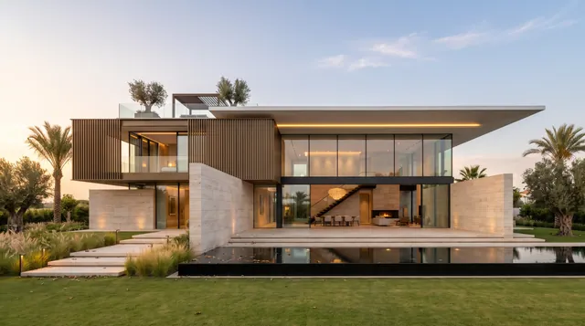 The finished villa with its lawn and pool.